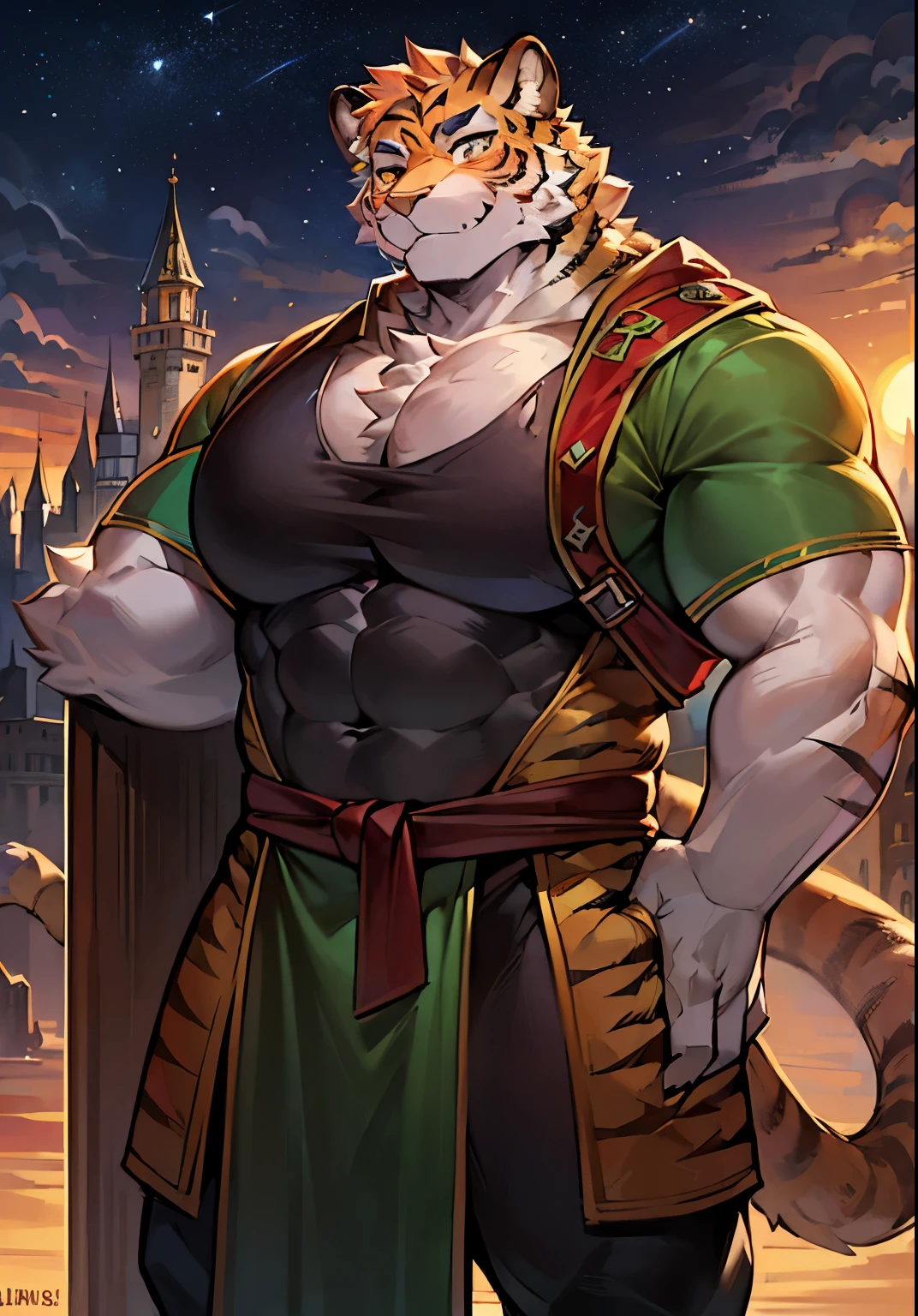 solo male, muscular body, ((fat pecs, massive pecs, bulging pecs, saggy pecs, round pecs)), tiger knight, standing under the stars, fantasy background with castle in the distance, facing viewer, head tilted to the side, beautiful sunset sky, wearing tunic, tiger furry character, small waist, detailed bulge, bulging loincloth, abs, abs, abs, flat stomach, muscular, (femboy)