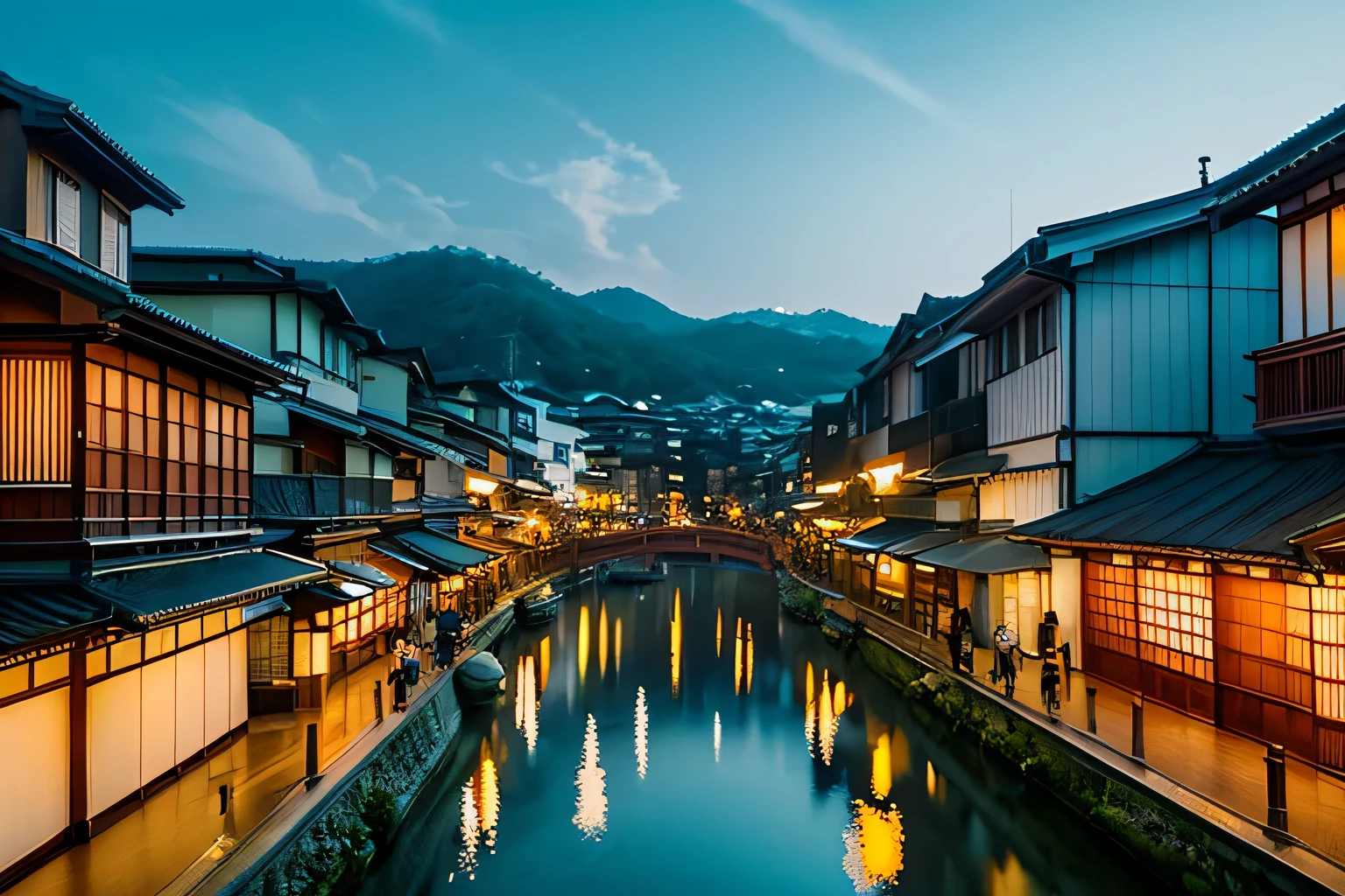 Matte painting by Torii Kiyomasu, Shutterstock, ukiyo-e, Japan Streets, Japanese cities at night, Kyoto inspired, Kyoto japan setting, Japan at Night, Japan Deeper Journey Exploration, Kyoto, Japanese cities, Japanese Town, Ancient Japanese architecture, in a Japanese Town at night