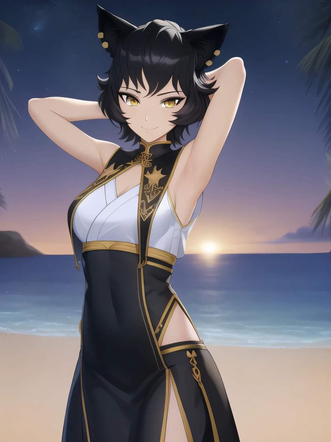 8k, highly detailed,
kali belladonna,
dress,
solo, night sky, beach, kali belladonna, contrapposto, closed mouth, spread armpit, arms behind head, smile, looking at viewer, (cowboy shot:1.5),