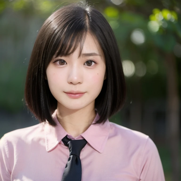 (kawaii 24year-old Japanese girl, Nogizaka idol, Korean idol), (glossy black hair, medium bob cut, aligned hair length:1.3), (rounded face, black eyes, single eyelid, no makeup, very sad emotion:1.2), (wearing light pink collared shirt, necktie:1.3), (flat chest, extra small breasts:0.8), (looking down out of frame, half opened eyes:1.3), BREAK, (sunny day outside background:1.3), (vertical shot, profile, bust shot:1.3), BREAK, (masterpiece, best quality, photo realistic, official art:1.4), (UHD, 8K quality wallpaper, high resolution, raw photo, golden ratio:1.2), (shiny skin), professional lighting, physically based rendering, award winning, (perfect anatomy, highly detailed skin, extremely detailed face and eyes), Carl Zeiss 85 mm F/1.4, depth of field, 1girl, solo,