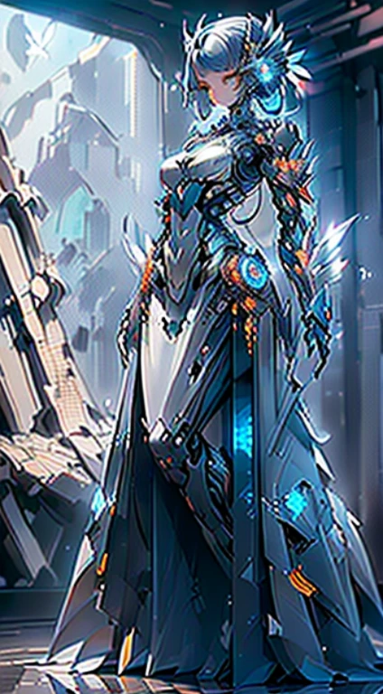 (Dynamic angle:1.4), ((Full body posture:1.5), (rich and colorful:1.2), (Extremely detailed CG unified 16k wallpaper:1.1), (Denoising Strength: 1.45), (tmasterpiece:1.37), ((official art)), (rich and colorful:1.2), (masterpiece, best quality:1.5), (the best quality), Oversized files, Mechanical prosthesis, Cyberpunk, And technology, human reconstruction, advanced, Machinery Promotion, bone remodeling, (body reconstruction), ruins, ((Distant Mechanical Dragon)), Machine Creation, (Dilapidated), (feather), Medium bust, sparkling, Solitary, White Dove, Beautiful detail sky, Beautiful eye details, blue crystal (Very), Mechanical dragon, Green Eyes, Divine Light, spark, glowing light, ((masterpiece)), ((best quality)), High Detail, (masterpiece), Ultra HD, The award-winning