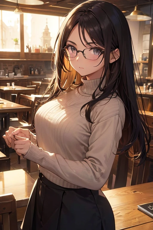 (Obra maestra, mejor calidad, high resolution: 1.2), 1 chica, Solo, cabello largo, ojos cafe, parte superior del cuerpo, sueter, cabello negro, rasgos latinos europeos, lentes oscuros