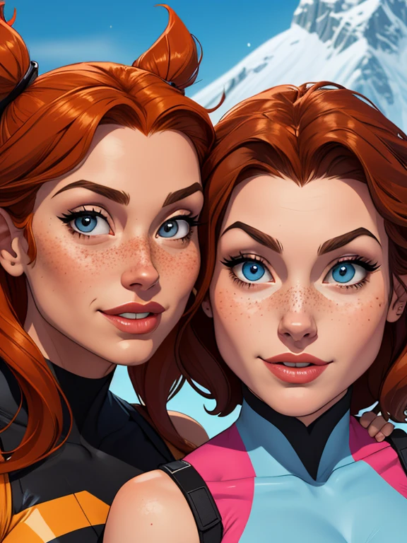 Beautiful portrait mode pose Cartoon character in dynamic pose two women in biker outfits together with freckles on their faces Disney princess Queen Anna of Arendelle with 1,60cm on the left and along with a symmetrical body and beautiful breasts, corpo bem definido, delicado e sensual, estilo de desenho animado, digital illustration Portrait mode biker clothes