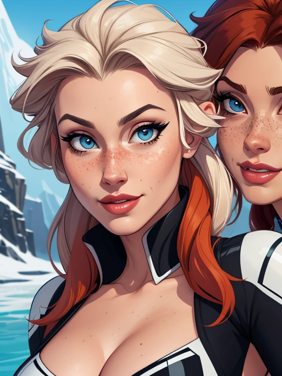 Beautiful portrait mode pose Cartoon character in dynamic pose two women in biker outfits together with freckles on their faces Disney princess Queen Anna of Arendelle with 1,60cm on the left and along with a symmetrical body and beautiful breasts, corpo bem definido, delicado e sensual, estilo de desenho animado, digital illustration Portrait mode biker clothes 