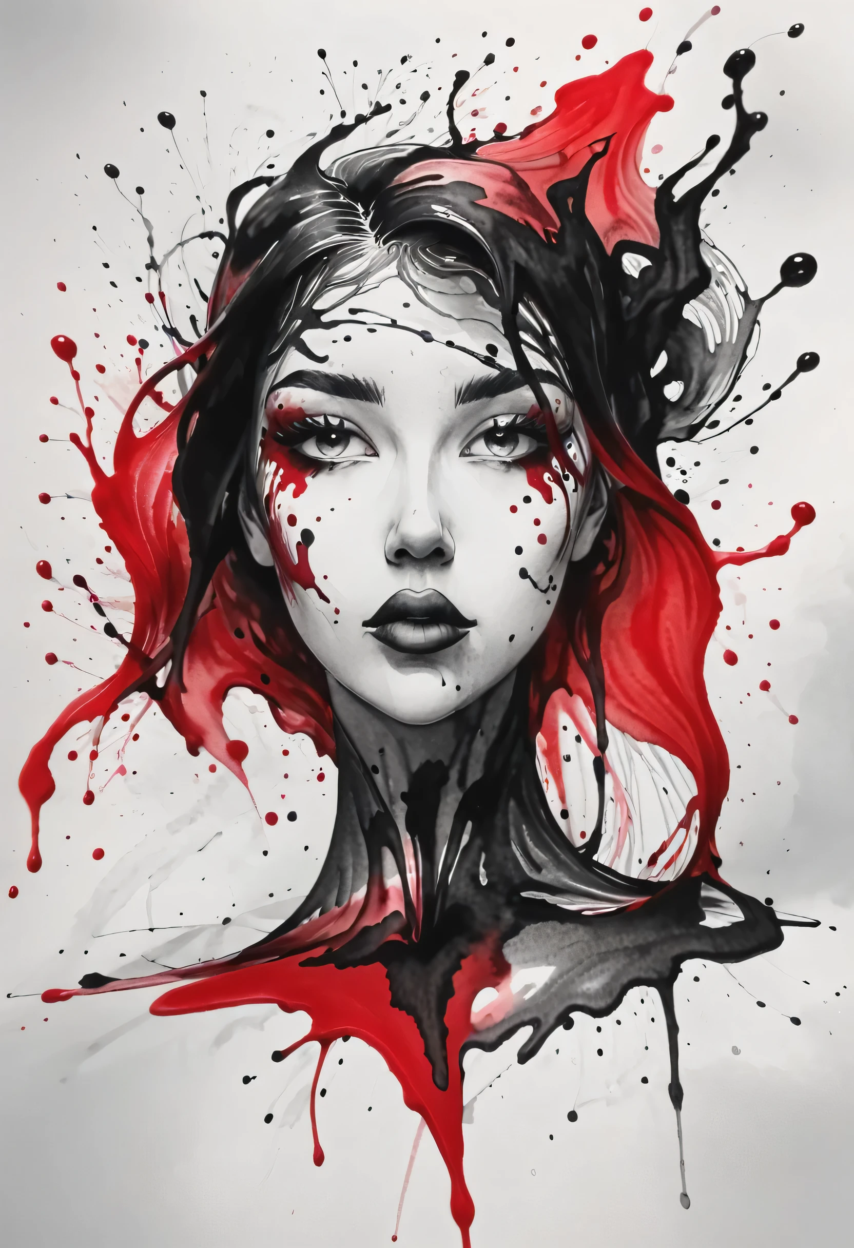 Inkpunk style ink monochrome illustration of a girl, (retrato de cabeza y hombros:1.2), (hyper aesthetic stylized red black white color splash ink sketch:1.2), approaching perfection, arte conceptual, tendencia en artstation, sharp focus, (toque de color rojo:1.1)