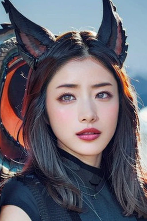 Beautiful woman with red eyes posing for elegant photo with black giant dragon, arpino,Gray Hair,Face to face, Ultra-realistic, Clear images,