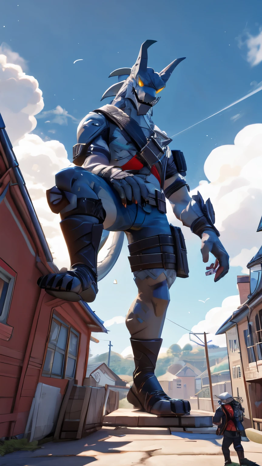 ((best quality)), ((masterpiece)), (detailed), (full body), hybrid (fortnite), without vest, macro, raising his leg about to destroy tiny Earth, low angle