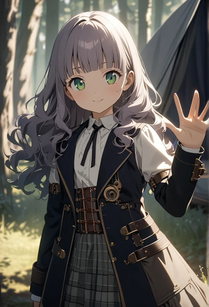 (Cute a girl)1.5, (masterpiece)1.3, anime visual, (school uniform Navy blazer, black ribbon tie, white blouse, checked skirt, )1.3, (Lovey-dovey)1.5, (tilt head)1.3, extremely delicate face, soft clean focus, realistic lighting and shading, (an extremely delicate and beautiful art)1.3, elegant, (muted colors),(a  girl withlavender-colored wavy hair and blunt bangs hair and green eyes)1.4, flat chest,slim,smile,Slender, Steampunk, A campsite in the woods, with several tents set up, a girl waving from afar,
