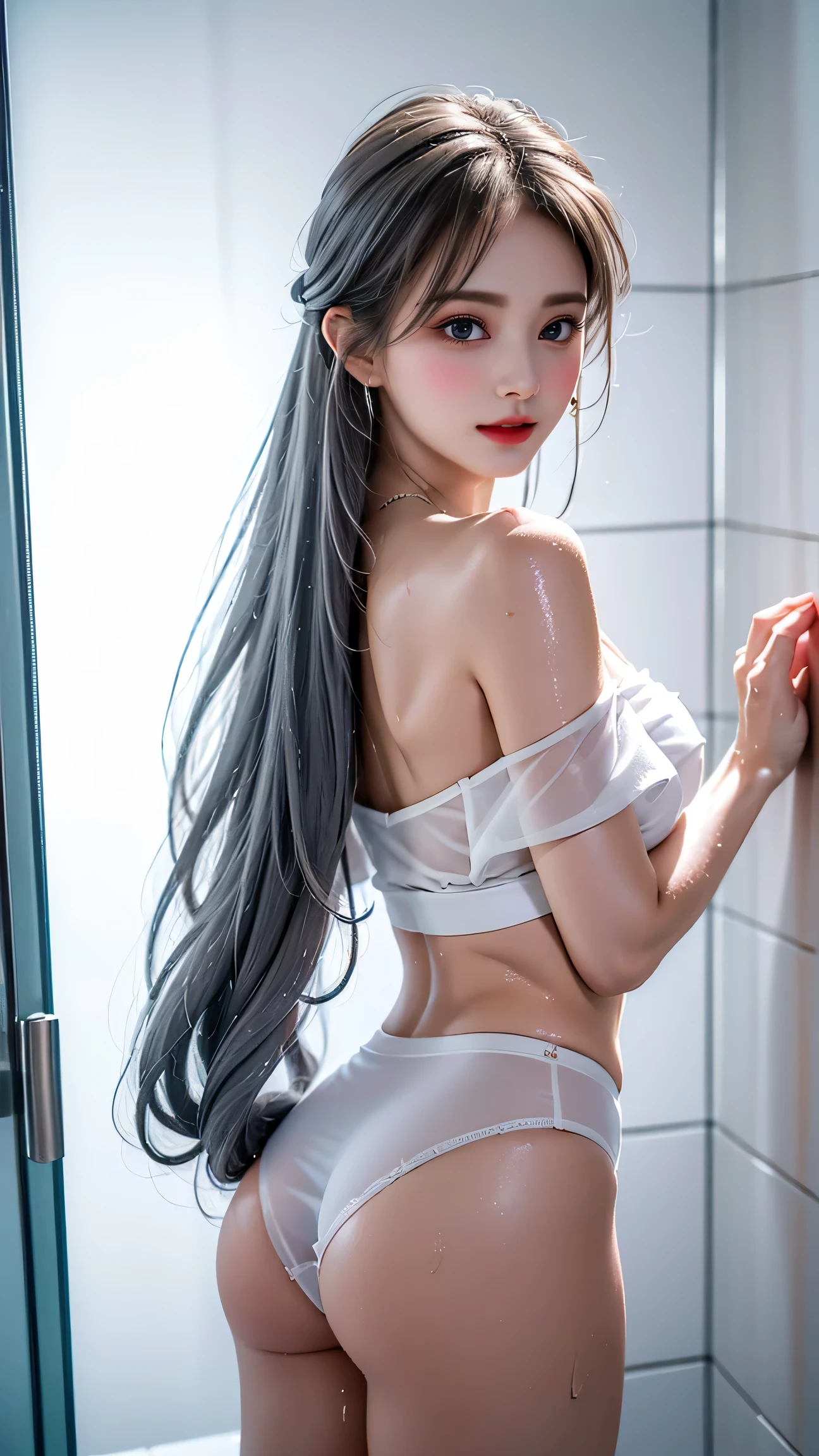 ((Girl taking a shower in the bathroom)),((Rear View))、((look back))、、Top quality work，Actual work，Ultra Premium Graphics，8K HD CG works，High quality graphics，High-definition CG works，Extremely fine detail：1.1，Advanced Technical Details：1.1 Photorealistic，Natural light：1.5. Light effects（virtual Light effects：1.8），超A high resolution，長いSilver Hair，Silver Hair，Transparent Hair，Hair with attention to detail（Premium Hair Detail：1.1）Clear Eyes，Beautiful double eyelids，Sharp eye makeup, Delicate eyelash makeup, Thin eyebrows, Highly detailed eyes，High nose, Nice red lips, Rose Cheeks, A face with subtle makeup , Cute face, perfectly balanced face,（Advanced Face Detail：1.1），Shiny，summer sexy，((Wet off-the-shoulder semi-transparent white tank top))、((I can see her wet white panties)),photo shoot，woman&#39;Artwork by，Full body portrait，realism，wonderful，My eyes are shining today、((She&#39;s wet))、（Nipples),（(Pink nipples are visible through the)),