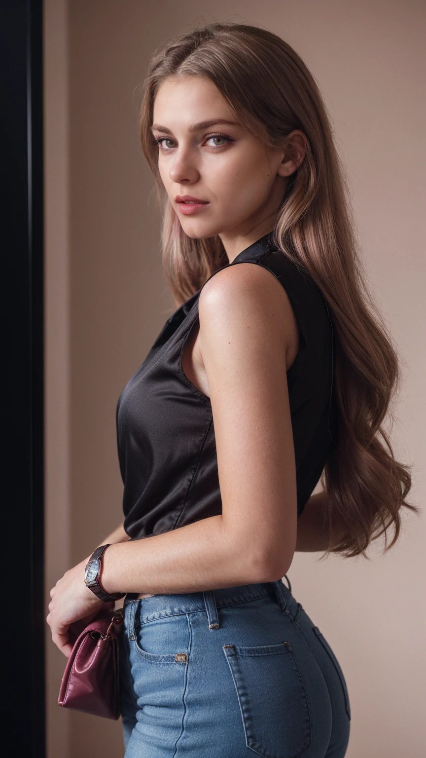 Blond brown hair, (RAW photo), (realism: 1.8), (gloss red lipstick, many eyelashes, dark black eye shadow, shy, blushing, high quality, high resolution, depth of collage field, chromatic aberration, caustic, wide light, dark pink glossy skin, (21 year old woman), smartwatch, smartphone, stylish college girl, jeans and pink silk shirt, lots of exposure, pose, visible 8k resolutions,
