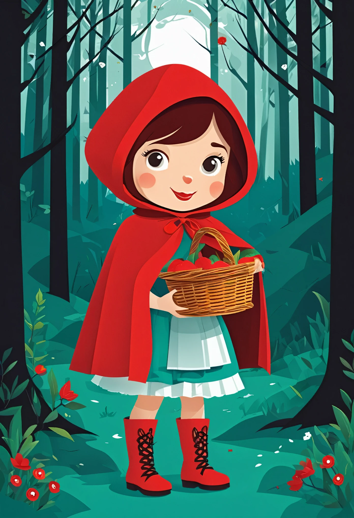 postcard design, story of Little Red Riding Hood, flat Design, vector illustrations, graphic illustration, detailed 2d illustration, flat illustration, digital illustration, digital artwork,