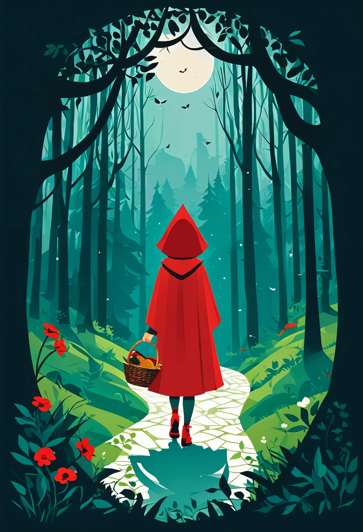 postcard design, story of Little Red Riding Hood, flat Design, vector illustrations, graphic illustration, detailed 2d illustration, flat illustration, digital illustration, digital artwork,