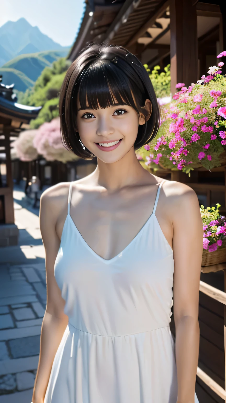 Neat and clean elementary school girl,  people々, (slim, small, flat, small), Short black hair, Realistic, detailed, detailedな肌の質感, 超detailed, Delicate and sexy collarbone, smile, 非常にdetailedな顔, detailedな唇, fine grain, (10 year old girl)、Delicate eyebrows、Short neck、Little baby face、Professional photography、(Gazing at the audience)、Silk dress、Natural soft light、Flare、Covered erect nipples、Colorful flower garden