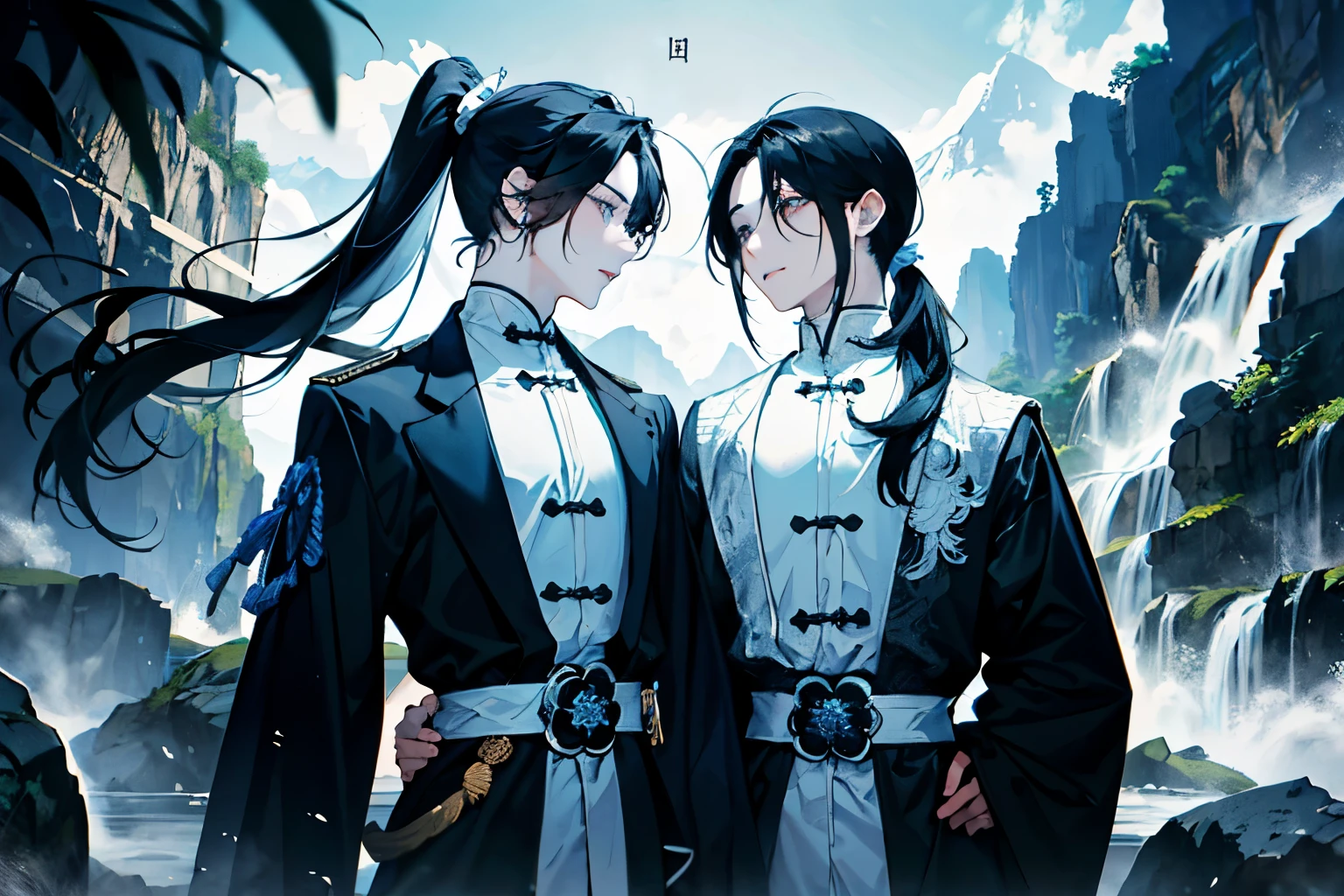 ((Two boys around 18 years old)),(Long black hair ponytail:1.3),(White, black and light blue costume reminiscent of an ancient Chinese priest),(Rocky area with waterfall and river),(Two boys lying in the river),smile,(Fantastic sunlight),(Top view:1.4)