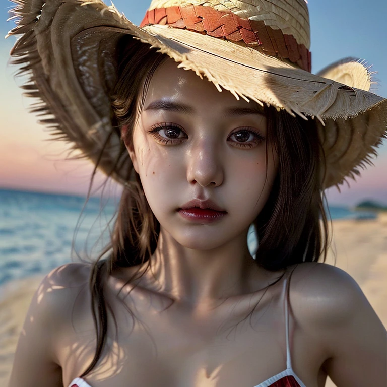 (masterpiece:1.2), (best quality:1.3), shallow_sunset, 1women, close up, cowboy_shot, straw_hat, swimsuit,