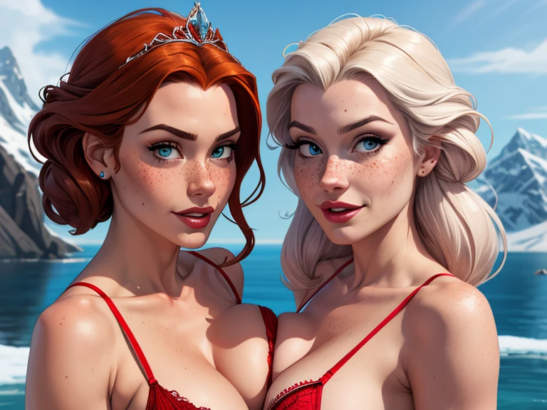 Beautiful portrait mode pose Cartoon character character in dynamic pose two women together with freckles on their faces Disney princess Queen Anna of Arendelle with 1,60cm on the left and along with a symmetrical body and beautiful breasts, corpo bem definido, delicado e sensual, estilo de desenho animado, digital illustration portrait mode evil witches in sensual red lingerie