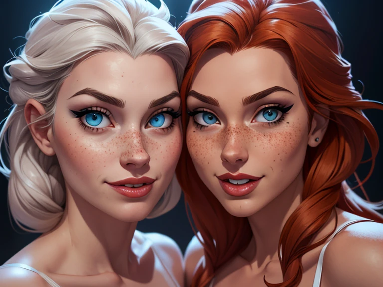 Beautiful portrait mode pose Cartoon character character in dynamic pose two women together with freckles on their faces Disney princess Queen Anna of Arendelle with 1,60cm on the left and along with a symmetrical body and beautiful breasts, corpo bem definido, delicado e sensual, estilo de desenho animado, digital illustration portrait mode evil witches in sensual red lingerie 