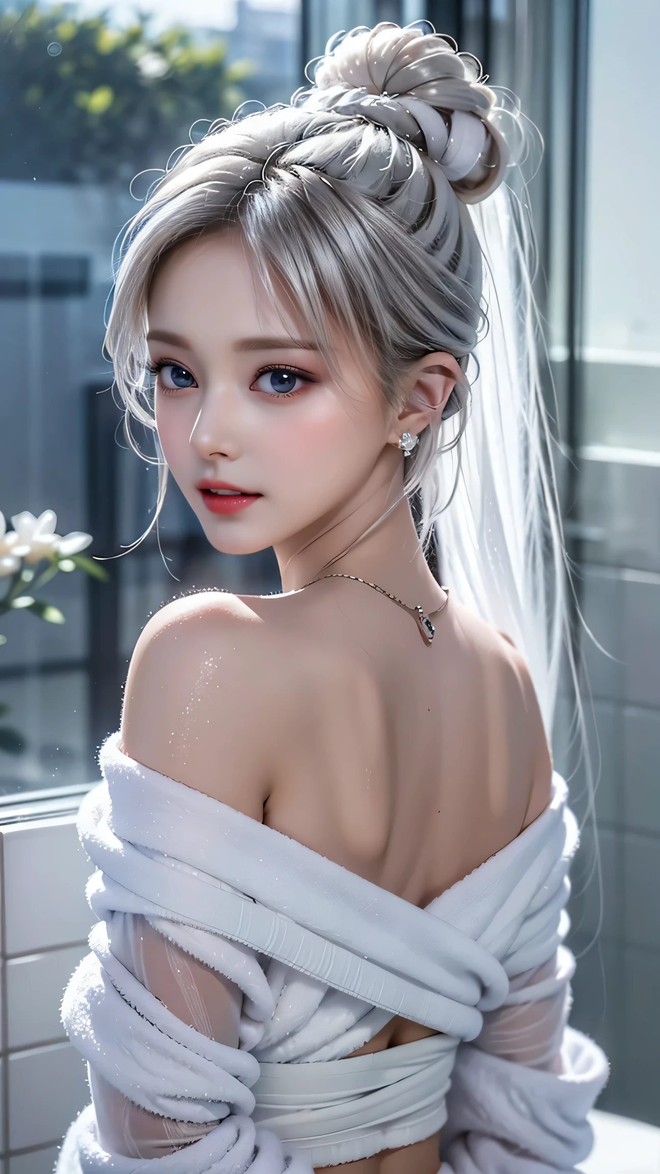 ((Girl taking a shower in the bathroom)),((Rear View))、((look back))、、Top quality work，Actual work，Ultra Premium Graphics，8K HD CG works，High quality graphics，High-definition CG works，Extremely fine detail：1.1，Advanced Technical Details：1.1 Photorealistic，Natural light：1.5. Light effects（virtual Light effects：1.8），超A high resolution，長いSilver Hair，Silver Hair，Transparent Hair，Hair with attention to detail（Premium Hair Detail：1.1）Clear Eyes，Beautiful double eyelids，Sharp eye makeup, Delicate eyelash makeup, Thin eyebrows, Highly detailed eyes，High nose, Nice red lips, Rose Cheeks, A face with subtle makeup , Cute face, perfectly balanced face,（Advanced Face Detail：1.1），Shiny，summer sexy，((Wrapped in an off-the-shoulder bath towel))、((I can see her white panties)),photo shoot，woman&#39;Artwork by，Full body portrait，realism，wonderful，My eyes are shining today、((She&#39;s wet))、（Nipples),（(Pink nipples are visible through the)),