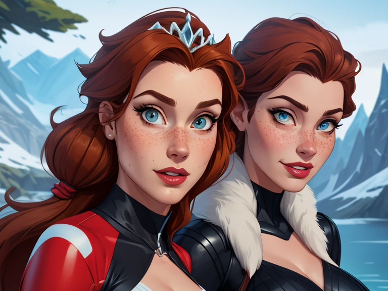 Beautiful portrait mode pose Cartoon character in dynamic pose two women in biker outfits together with freckles on their faces Disney princess Queen Anna of Arendelle with 1,60cm on the left and along with a symmetrical body and beautiful breasts, corpo bem definido, delicado e sensual, estilo de desenho animado, digital illustration Portrait mode biker clothes 