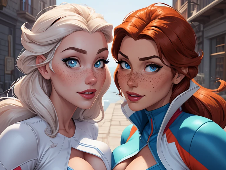 Beautiful GTA style portrait mode pose Cartoon character in dynamic pose two women in biker outfits together with freckles on their faces Disney princess Queen Anna of Arendelle with 1,60cm on the left and along with a symmetrical body and beautiful breasts, corpo bem definido, delicado e sensual, estilo de desenho animado, GTa style digital illustration Portrait mode biker clothes