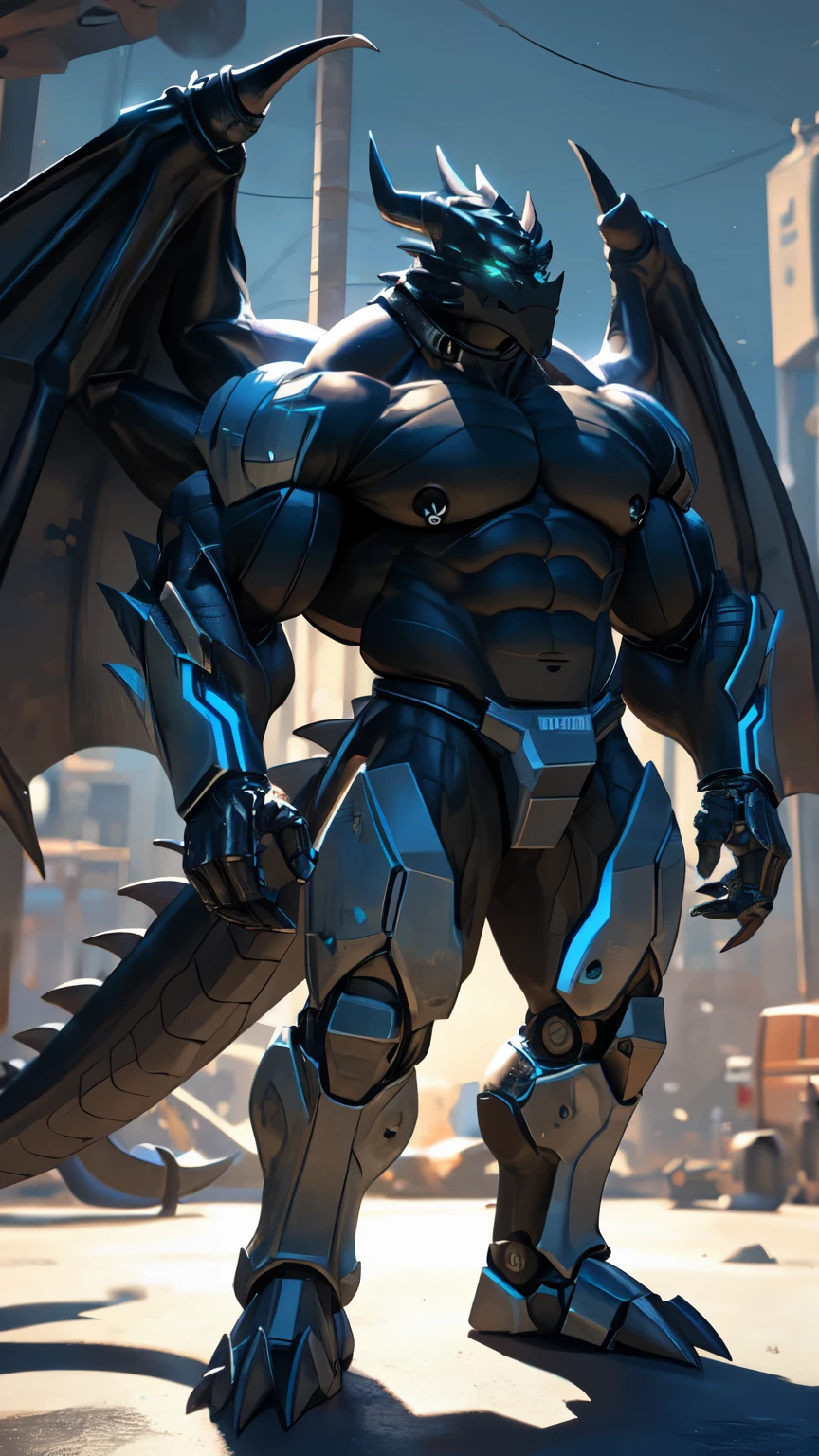 An advanced bionic mech, cybrog, anthro, dragon, male, full body, Muscle, Delicate face, Delicate eyes, 1 tail, (glowing LED), energy, outdoors, extremely detailed CG unity 8k wallpaper, realistic, masterpiece, highest quality, lens flare, unreal engine, trending on ArtStation, Intricate, High Detail, dramatic, realism, beautiful and detailed lighting, shadows, black scales, rubber goo body, wings, evil looking, crimson glowing eyes, black and evil armor, futuristic evil armor, heavy armor, snout-cover armored mask, balanced physique, muscule-shaped armor, evil master, a pair of IFBB-bodybuilder level of muscular great wings, evil dominator, war machine, hunk, hulking IFBB muscular physique, thick arms and legs, heavy evil armor boots, muscular texture and details on evil armor, exposed muscular abdomen IFBB level of muscles, metal collar, muscular inner thighs, majestic, detailed IFBB bodybuilder muscles inside of the armor, dark master, crimson and black wings, harness armor, nipple piercings, long legs, pit fiend, cybernetic visor