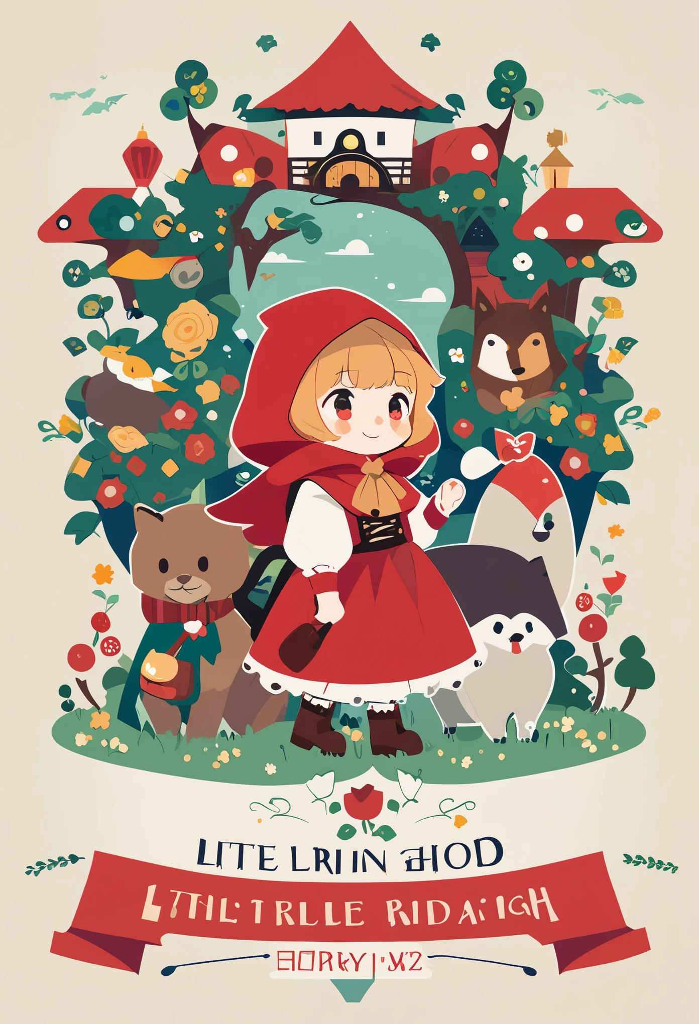 postcard design, story of Little Red Riding Hood, flat Design, vector illustrations, graphic illustration, detailed 2d illustration, flat illustration, digital illustration, digital artwork,