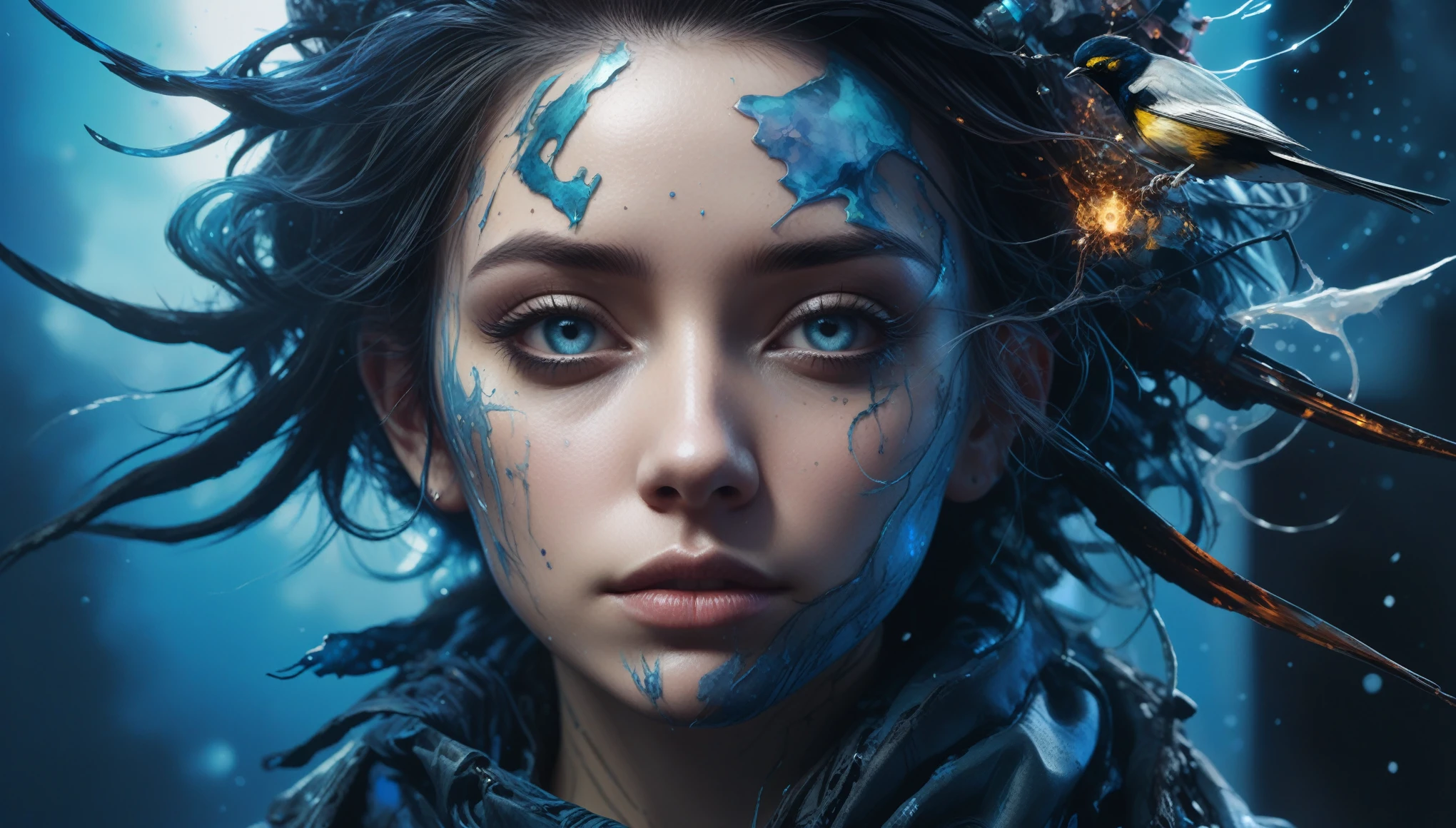 full body length,Obsidian Songbird,pretty face,eyebrow up,full body shot,ominous landscape,Fluorite niobium atmosphere,by art Simon Stalenhag,Nicola Samori,(((Wangechi Mutu))),prime colors,urban,extremely detailed,masterpiece,intricate details,faded,eyes extremely detailed, high detailed eyes,4k resolution,RAW, Nikon Z9,scary town,stalker,Egypt, cinematic view low angle shot hdr illustration,fire in tyers, demonic, dust, smoke comming from tyers, audience, mist, featuring ultra-realistic and hyper-realistic elements, inspired by Marta Bevacqua, Ellen Jewett, Kawacy, Katsuya Terada, and Carne Griffiths. Rendered with a color palette consisting of blue, Obsidian and white. Utilizes futuristic lighting effects such as light halation, light stroke, light beam, explosive lightning, sparks, concert lighting, light-bulb, bokeh, and/or other effects to create a luminal space that feels both bright and surreal. Includes liquid fluid elements for added depth and movement. Rendered in an unreal engine and post-processed to achieve an oil painting or pastel-like effect. Evokes a sense of dreamy, ethereal and mystical mood