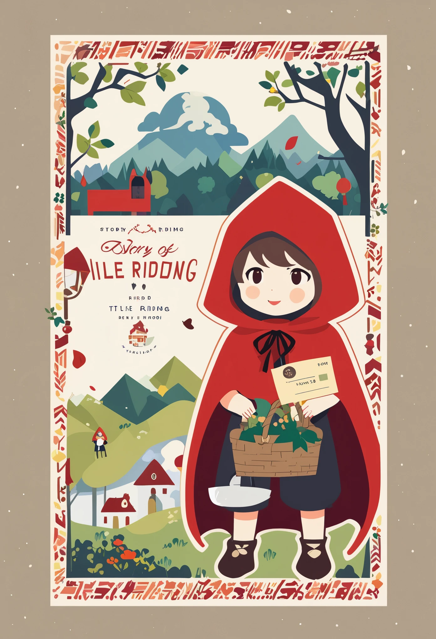 postcard design, story of Little Red Riding Hood, flat Design, vector illustrations, graphic illustration, detailed 2d illustration, flat illustration, digital illustration, digital artwork,