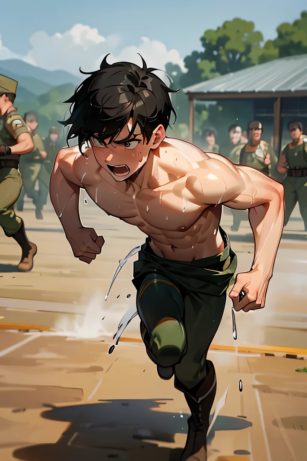 shirtless handsome manly short black hair caucasian male soldier, boots, sweat-drenched, soaking wet, drenched with sweat, sweating profusely, soaking wet with sweat, panting, exhausted, gasping, panting, running with other soldiers, military training, in the military camp