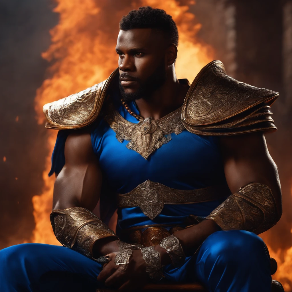 (best quality,highres),strong black man,wearing blue clothes,sitting on the throne,serious face,holding a sword in his hand,detailed facial features,well-defined muscles,vibrant colors,explosion of fire in the background,dark and intense lighting,warrior,powerful presence,majestic ambiance,highly detailed armor,regal atmosphere