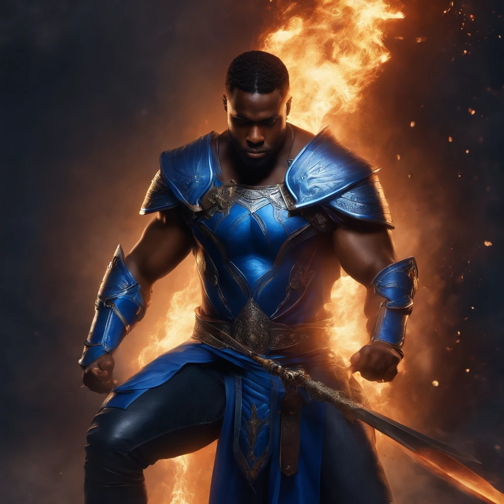 (best quality,highres),strong black man,wearing blue clothes,sitting on the throne,serious face,holding a sword in his hand,detailed facial features,well-defined muscles,vibrant colors,explosion of fire in the background,dark and intense lighting,warrior,powerful presence,majestic ambiance,highly detailed armor,regal atmosphere