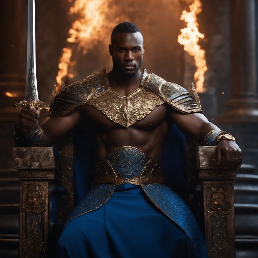 (best quality,highres),strong black man,wearing blue clothes,sitting on the throne,serious face,holding a sword in his hand,detailed facial features,well-defined muscles,vibrant colors,explosion of fire in the background,dark and intense lighting,warrior,powerful presence,majestic ambiance,highly detailed armor,regal atmosphere