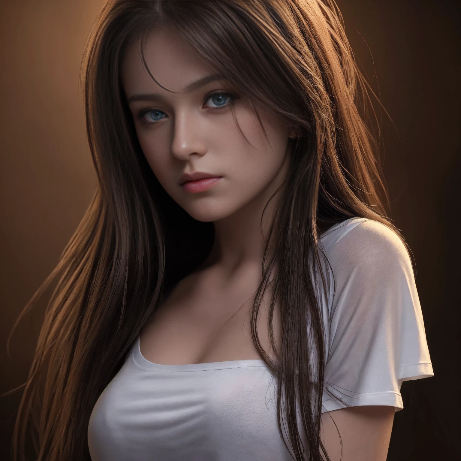 Best quality, masterpiece, ultra high res, (photorealistic:1.37), raw photo, 1girl, long hair, beautifull eyes,  beautifull face, detailed eyes and face, t-shirt, dynamic lighting, in the dark, deep shadow, low key, cowboy shot