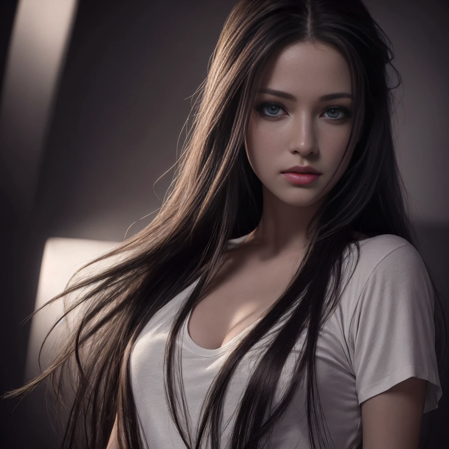 Best quality, masterpiece, ultra high res, (photorealistic:1.37), raw photo, 1girl, long hair, beautifull eyes, beautifull face, detailed eyes and face, t-shirt, dynamic lighting, in the dark, deep shadow, low key, cowboy shot