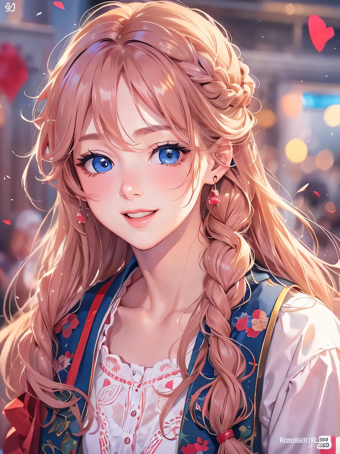 masterpiece、highest quality、High resolution、High-quality images、8k, 1 female、Skin Radiance、Texture of skin and clothing、Expression of fine eyes、Shiny bright golden hair,Girl with long braided hair, Manga inspired by Lee Jong-suk, Trending on deviantart, realism, detailed manga style, Manga art style, Perfect Line Drawing, Beautiful line art, digital manga art girl, K-POPアイドル, Beautiful Blue Eyes, Lips become thicker, Gorgeous face with attention to detail, (cute smile), charm, Innocent, Side view, (Perfectly detailed face), (Beautiful Hands) Photorealistic images, Written boundary depth, Princess Hairstyles, scarf、Red background、Duffle coat、chocolate、Adult female、colorful hair ornaments、Valentine、Wavy Hair、Embarrassed face、Red cheeks、Laughter、smile、smile、I have chocolate