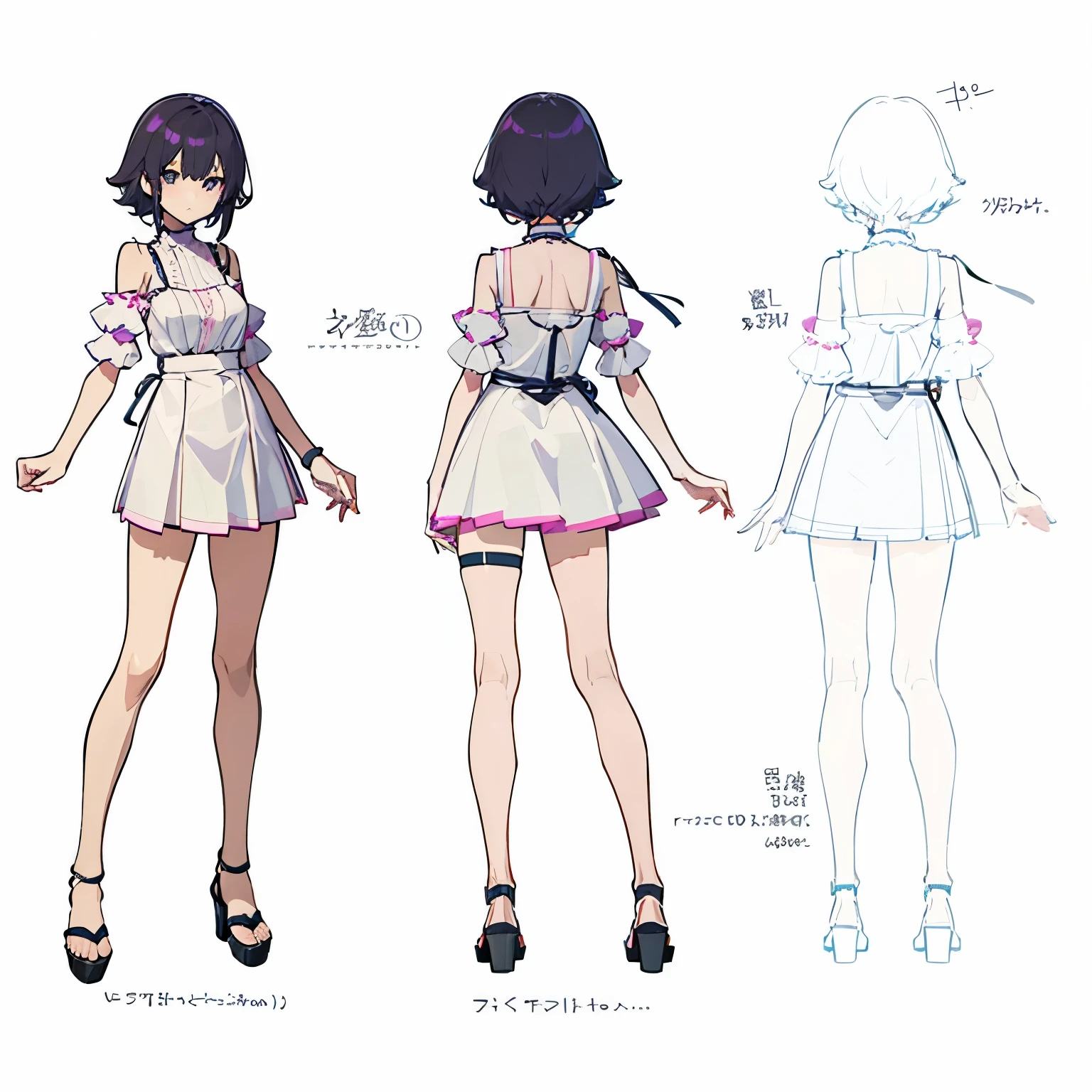 anime character of a woman wearing really short skirts and a swimwear, front and back pose, 3D rendering of a cute anime girl, makoto, full body concept, female protagonist 👀 :8, unique full body character, unique full body character, 3d anime style, virtual youtuber live2d model, moe anime art style, detailed full body concept art, ((character concept art))