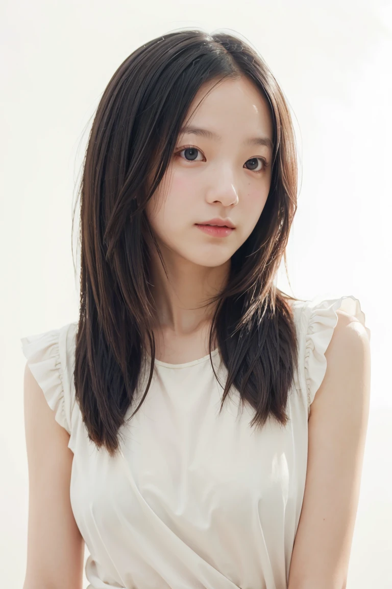 1girl, long hair, White top, (white background:1.2), from front, standing, (soft lighting:1.2), shot on Canon EOS 5D, BREAK
(upper body:1.2), , best quality, ultra high res, (photorealistic:1.4), masterpiece, real-life skin, hyper real, perspective, detailed beautiful eyes and detailed face,   