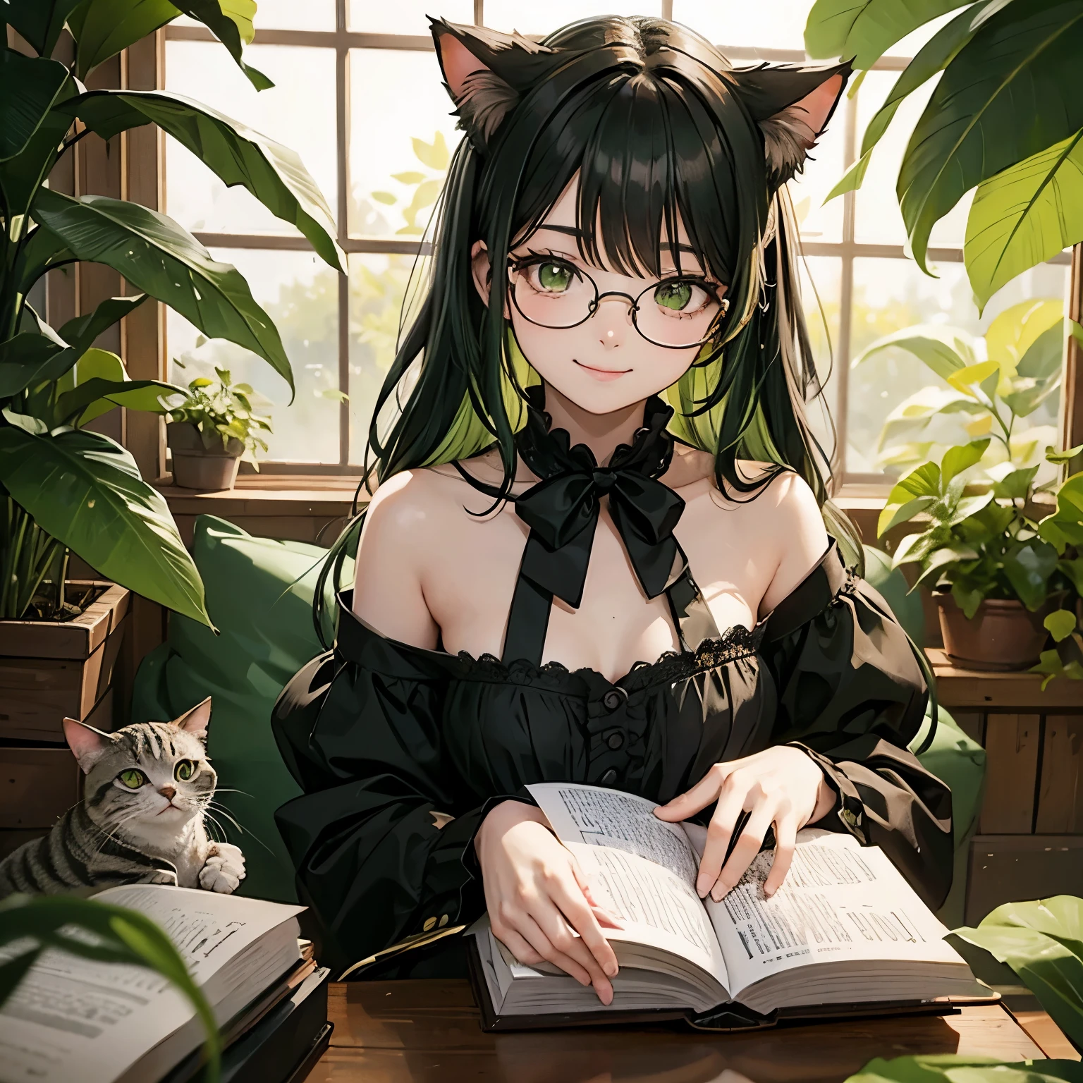 A cat wearing a dark yellow-green ribbon、Dark yellow-green hair、Dark yellow-green eyes、Glasses、study、smile、Dark lime green clothing、Botanist