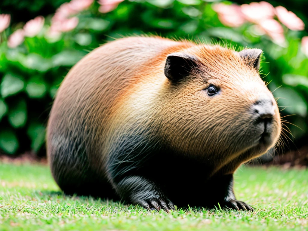 (((a capybara))),beautiful detailed eyes,beautiful detailed lips,extremely detailed fur,soft and smooth fur,peaceful expression,curious and friendly gaze in its eyes,cute and chubby cheeks,large and round body,gently resting on a bed of grass,vibrant green and lush garden surroundings,glistening water droplets on its fur,playful and relaxed posture,enjoying the warm sunlight,harmonious color palette,realistic and lifelike rendering,high-resolution image,soft natural lighting,bokeh effect,meticulously painted texture,vivid and natural colors,photorealistic detail,perfectly captured capybara moment