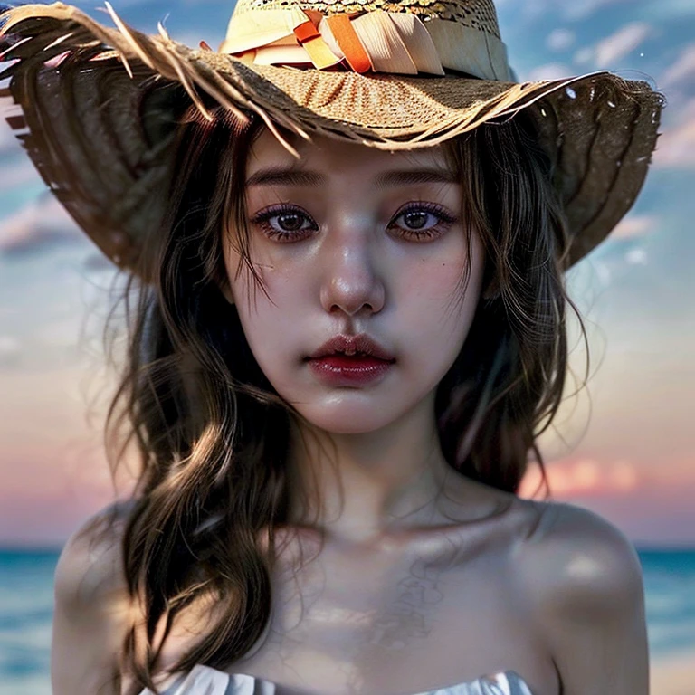 (masterpiece:1.2), (best quality:1.3), shallow_sunset, 1women, close up, cowboy_shot, straw_hat, swimsuit,dress