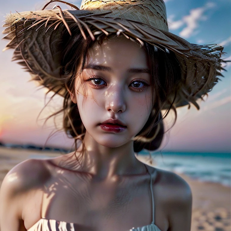 (masterpiece:1.2), (best quality:1.3), shallow_sunset, 1women, close up, cowboy_shot, straw_hat, swimsuit,dress