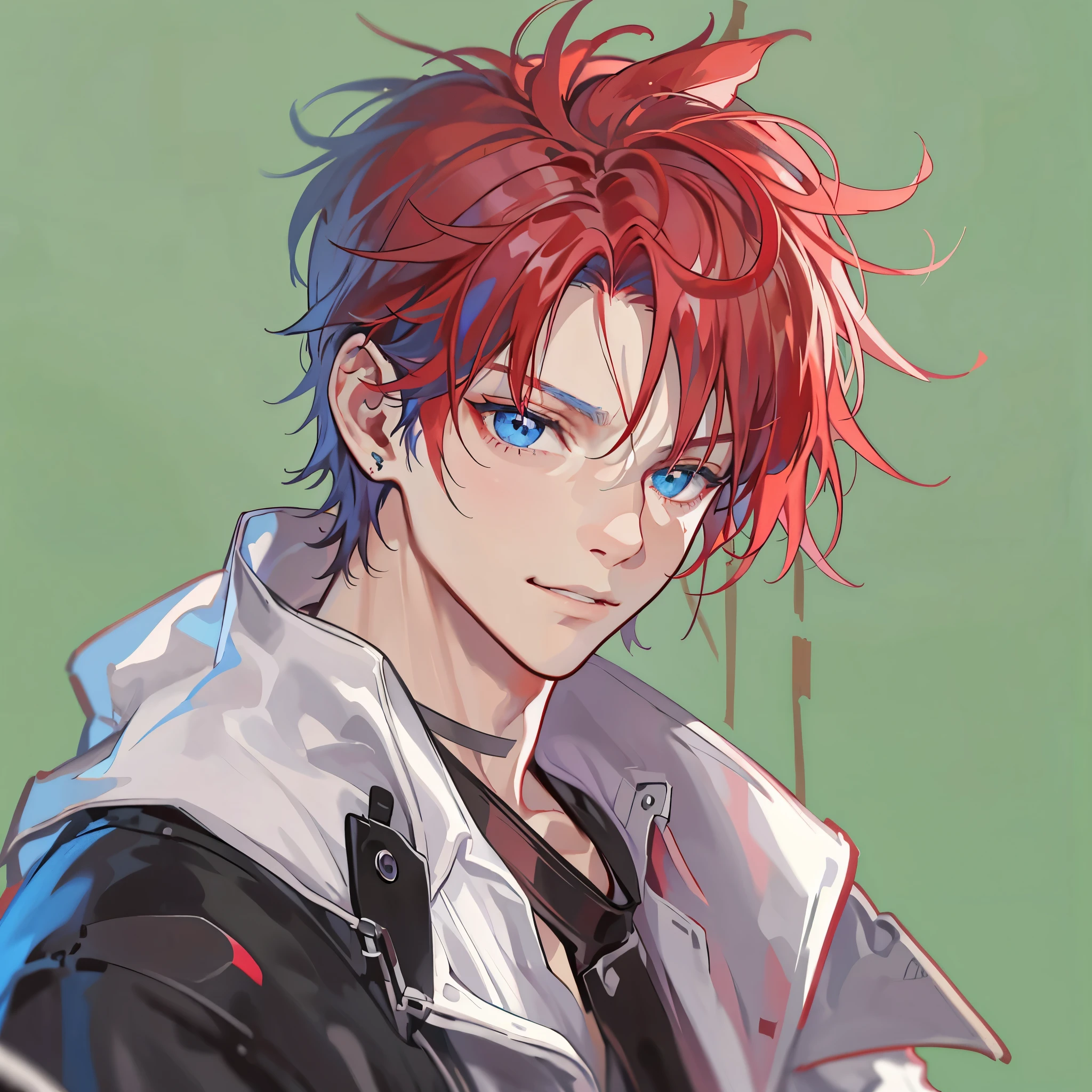 Close up, Portrait, headshot, red hair, anime boy, toothpick in mouth, smirking, [Band-Aid on nose], bandage across his nose, side swept hair , 3/4 side view, handsome, 27 years old, man, anime male, blue eyes, looking at camera, no beard, open black leather jacket, white shirt under jacket, no background