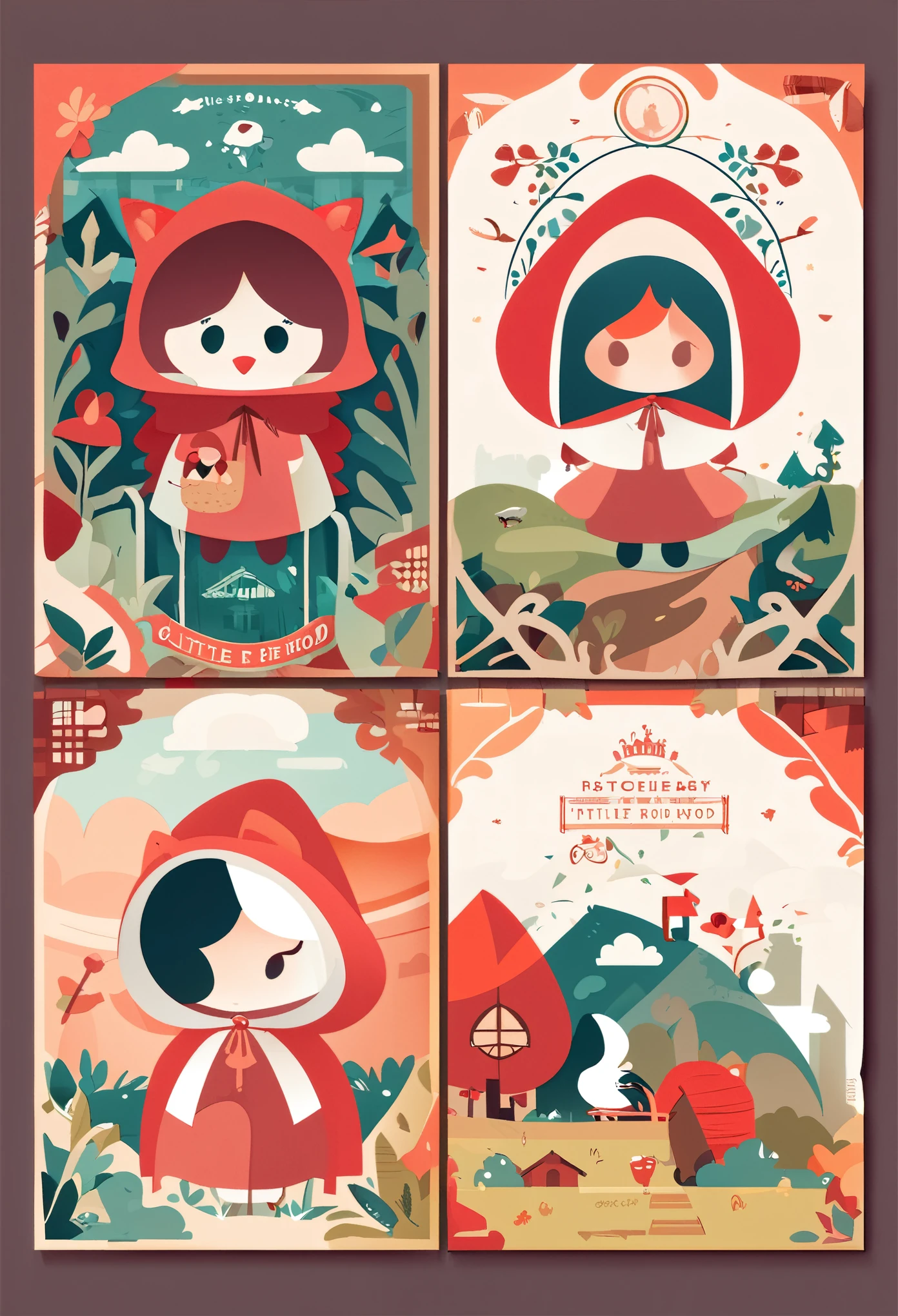 postcard design, story of Little Red Riding Hood, flat Design, vector illustrations, graphic illustration, detailed 2d illustration, flat illustration, digital illustration, digital artwork,