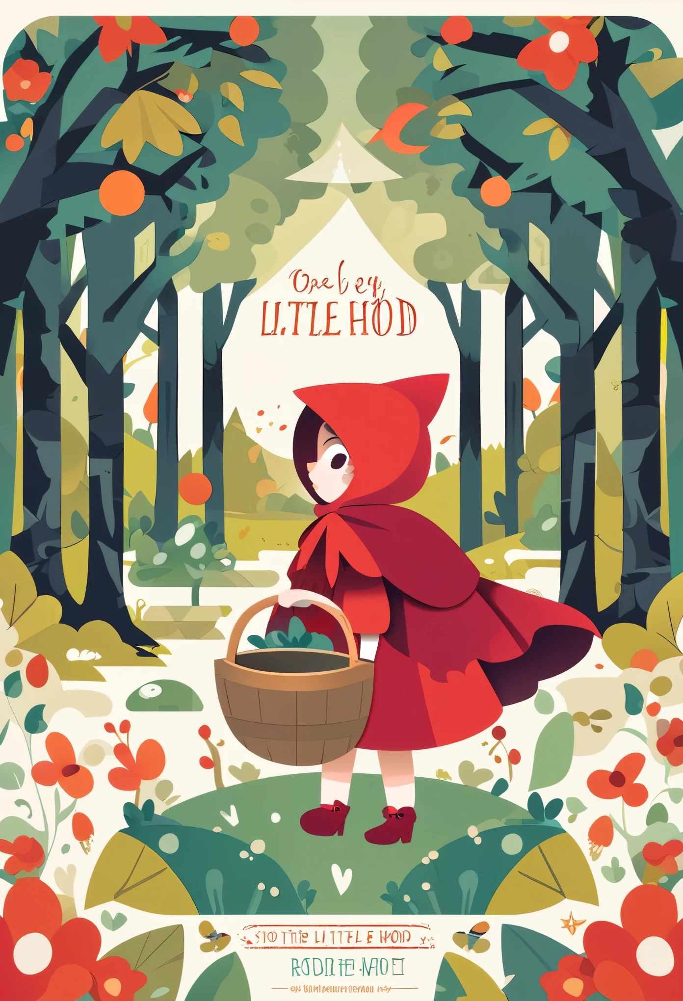 postcard design, story of Little Red Riding Hood, flat Design, vector illustrations, graphic illustration, detailed 2d illustration, flat illustration, digital illustration, digital artwork,