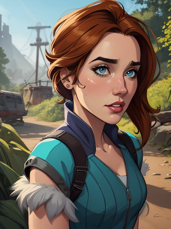 Personagem mulher estilo atompunk Fallout 4 Jennifer Connelly le com marcas de guerras Imagem de desenho animado de uma mulher .Ilustra??o estilo desenho animado, estilo de arte dos desenhos animados, estilo de arte dos desenhos animados, digital illustration style, estilo atompunk design de personagens altamente detalhado, arte digital detalhada coragem, Forest fan art, Design de personagens de retrato, beautiful digital illustration, retrato de alta qualidade, Arte em quadrinhos, mulher jovem cabelo com transas lindas . Queen Anna of ArendelleBeautiful lined eyes Medium large bust and wonderful sexy clothes. image expression of sexual desire from waist to head illustration Queen Anne of Arendelle atompunk style Fallout 4
