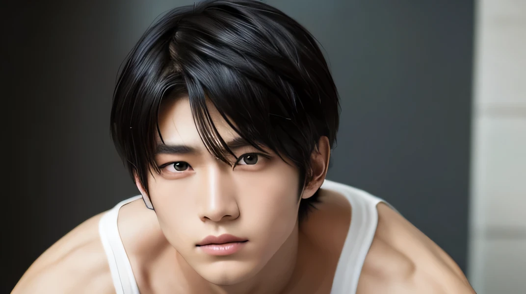 Handsome　Japanese male model 　Black Hair　Short Hair　Trimmed　Baby Face　Log straight into the camera with a stern gaze　Beautiful Skin　Slim and muscular　Fierce