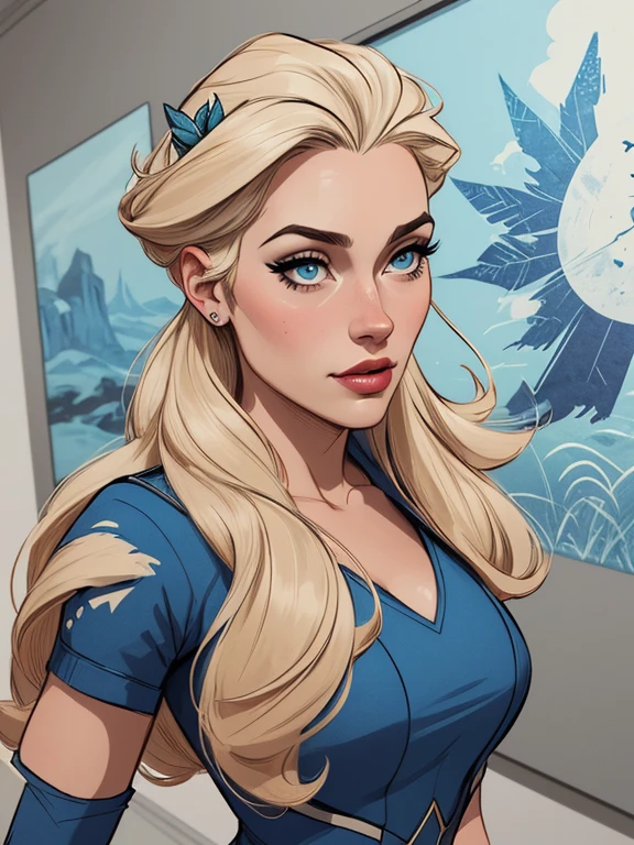 Personagem mulher estilo atompunk Fallout 4 Rainha Anna de Arendelle com marcas de guerras Imagem de desenho animado de uma mulher .Ilustra??o estilo desenho animado, estilo de arte dos desenhos animados, estilo de arte dos desenhos animados, digital illustration style, estilo atompunk design de personagens altamente detalhado, arte digital detalhada coragem, Forest fan art, Design de personagens de retrato, beautiful digital illustration, retrato de alta qualidade, Arte em quadrinhos, mulher jovem cabelo com transas lindas . Queen Anna of ArendelleBeautiful lined eyes Medium large bust and wonderful sexy clothes. image expression of sexual desire from waist to head illustration Queen Anne of Arendelle atompunk style Fallout 4