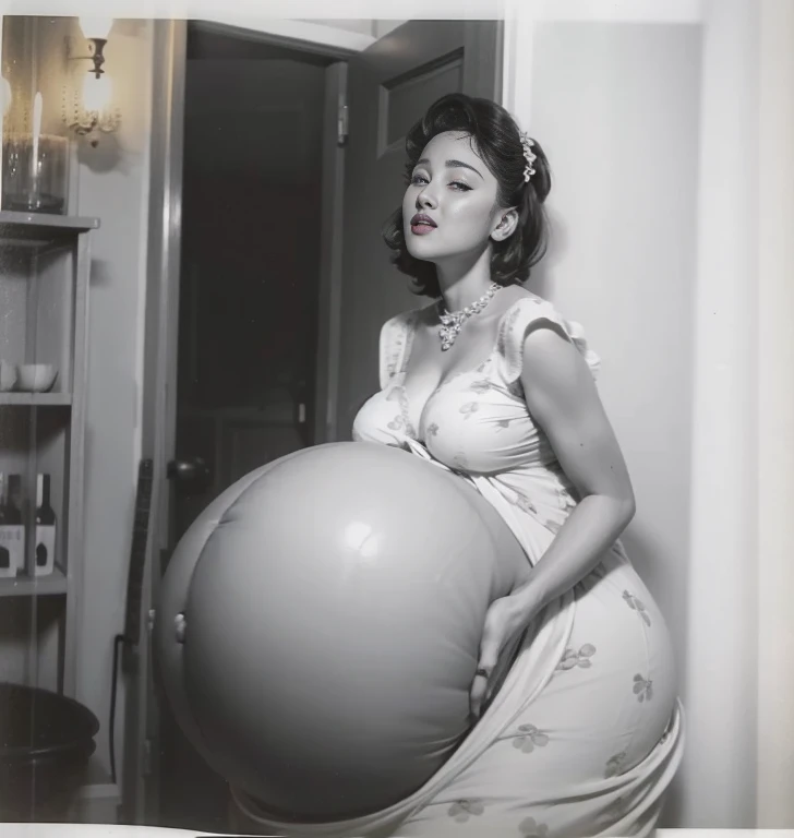 a pregnant woman in a dress poses for a picture, huge hips, pregnant belly, bloated belly, vintage pinup, 50s style, bloated, seductive, sexy