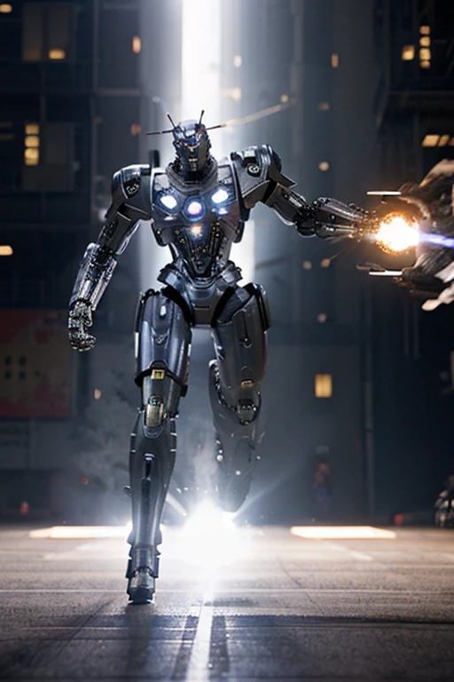 cybernetic warrior fighting giant robot