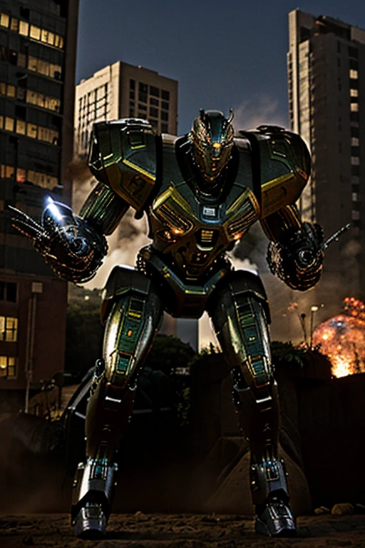 cybernetic warrior fighting giant robot
